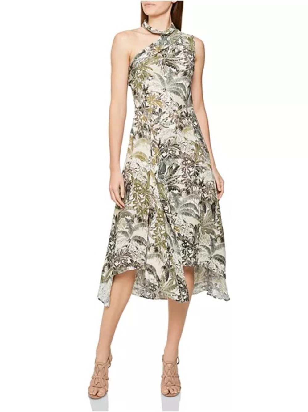 REISS Adelia Jungle Print One-Shoulder Green  Midi Dress